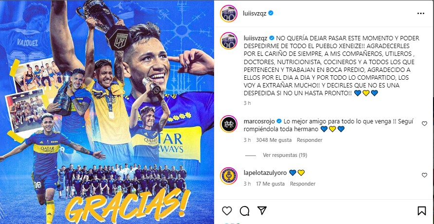 Vázquez saludó a Boca y se despidió en sus redes sociales: "Es un hasta pronto".