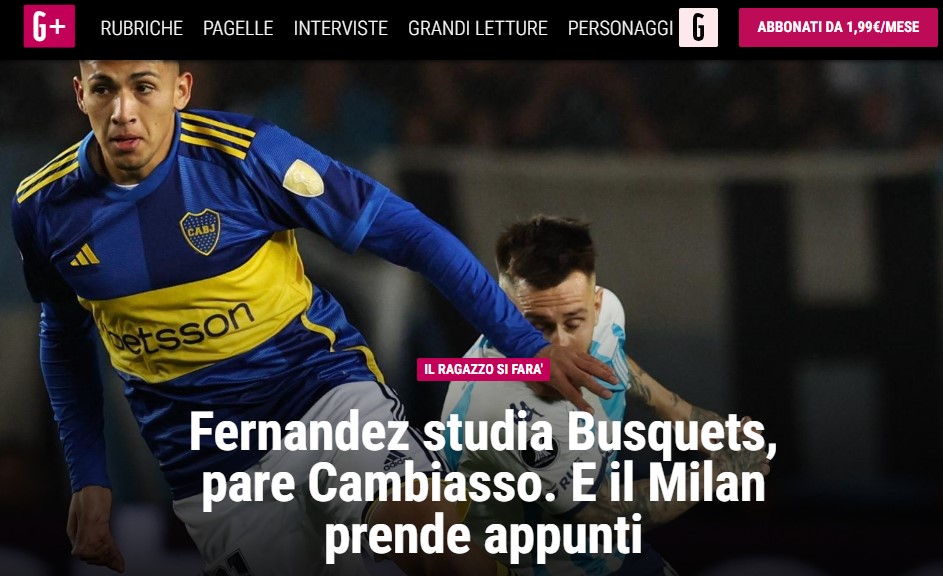 La portada digital de La Gazzetta dello Sport: el Milan está interesado en Equi Fernández, una de las joyas de Boca.
