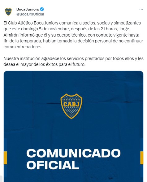 El comunicado oficial de Boca después de que renunció Almirón.