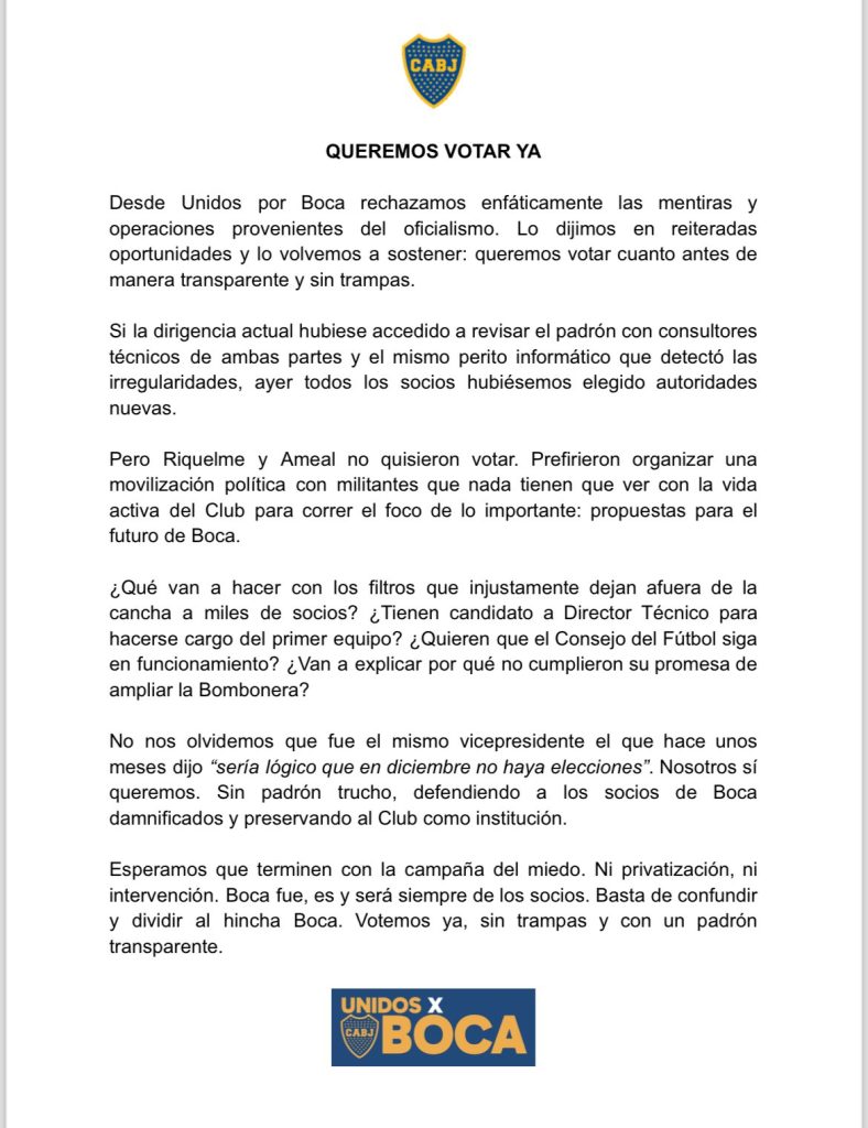 El comunicado de la oposición de Boca en contra de Riquelme