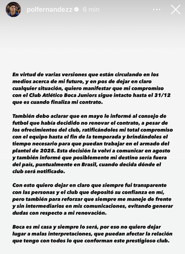 Pol Fernández anunció que se va de Boca